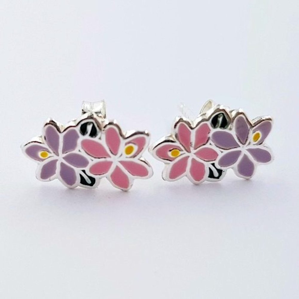 Pink Purple Jasmine Flower Stud Earrings - Sterling Silver Enamel Preloved